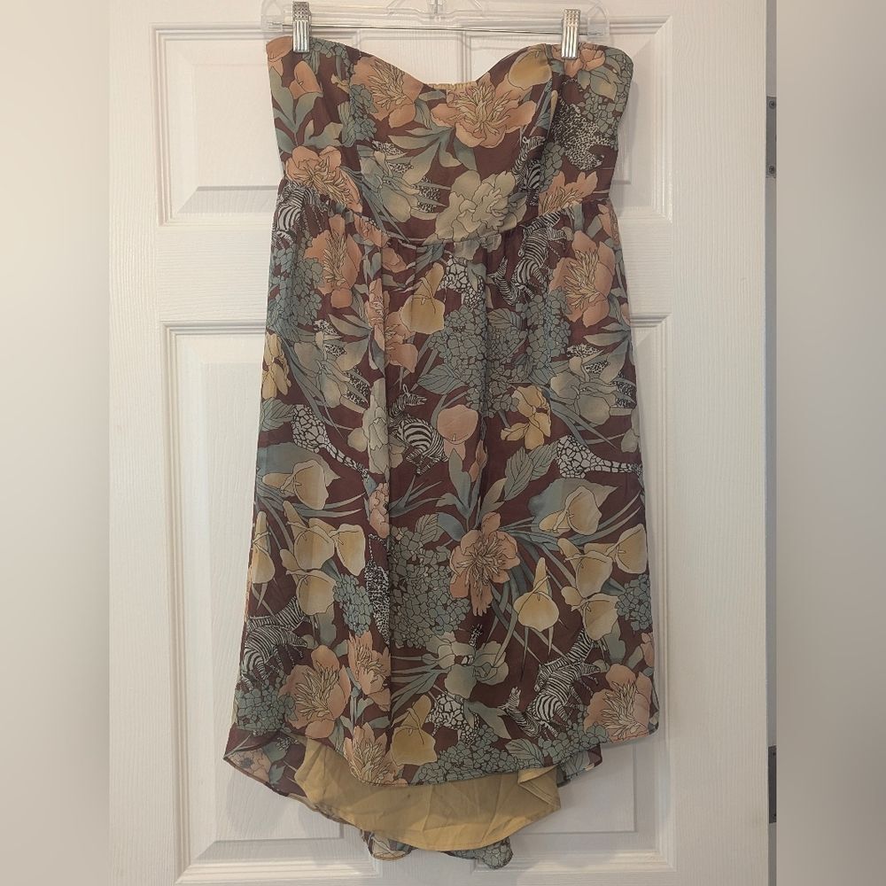 Urban Outfitters Kimchi Blue Safari Animal Floral Dress Sz L Strapless Babydall